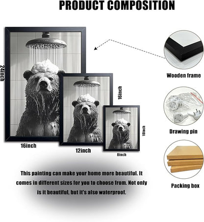 XYHYRA Funny Bear Bathroom Wall Art, Black and White Animal Shower Canvas Print Picture, Cute Bear Taking Bath Poster, Modern Farmhouse Bathroom Restroom Home Wall Decor 12x16 inch Wood Framed