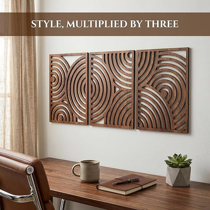 qmmp Modern Wooden Wall Sculptures - Set of 3 - Home Decor Accent - Large Wall Art for Living Room, Bedroom, Office - Easy Installation (Walnut, Large - Orbit)