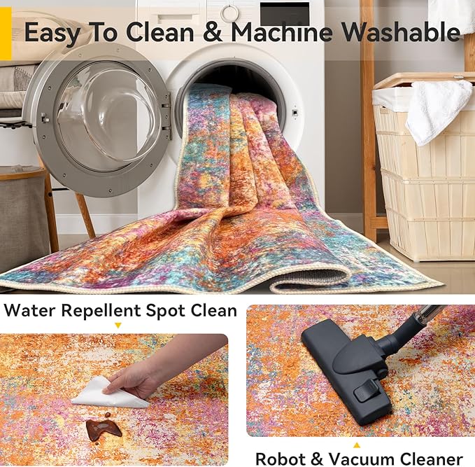 RELEANY Washable Area Rugs 8'x10' Non-Slip Modern Abstract Soft for Living Room Entryway Bedroom Nursery, Print Pattern, Orange Blue Pink Yellow Colorful