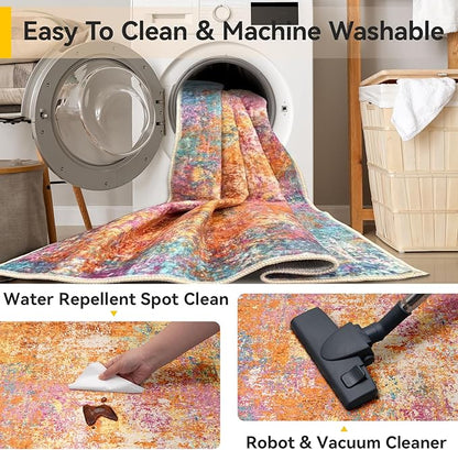 RELEANY Washable Area Rugs 6'x9' Non-Slip Modern Abstract Soft for Living Room Entryway Bedroom Nursery, Print Pattern, Orange Blue Pink Yellow Colorful