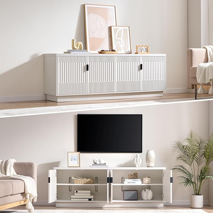 Fatmok 68" TV Stand for 75Inch TV, Entertainment Center with Storage and Adjustable Shelves, Modern Wood Media Console with 4 Fluted Doors for Living Room, White, Set of 2