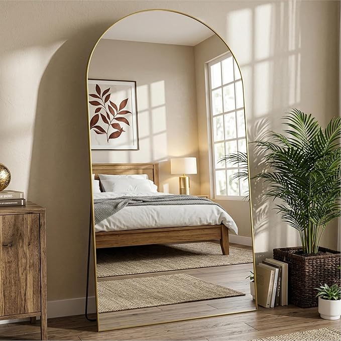 Arched Full Length Mirror 81 x 41 Inch, Full Body Mirror with Stand, Standing Hanging or Leaning Against Wall, Metal Frame Floor Mirror for Bedroom, Living Room, Cloakroom,Gold