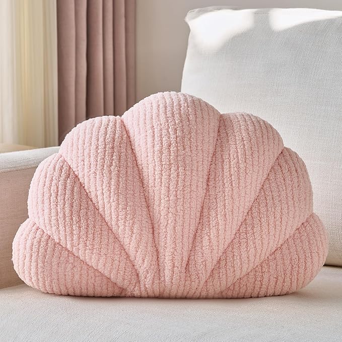 Shell Pillow, Soft Decorative Pillows for Bed Couch, Seashell Plush Throw Pillow Aesthetic Home Decor Cushion for Bedroom Living Room (Pink, 18 X 13 Inches)
