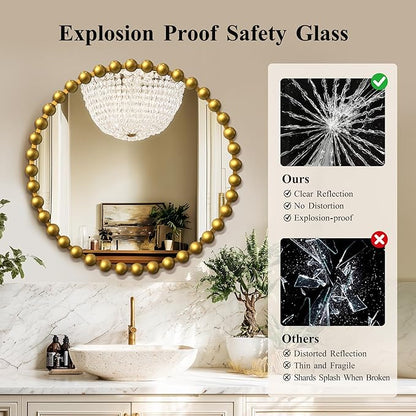 36''x36'' Beaded Gold Round Wall Mirror with Metal Frame, Small Vintage Retro Baroque Ornate Vanity Mirror for Bathroom, Fireplace,Entryway, Living Room