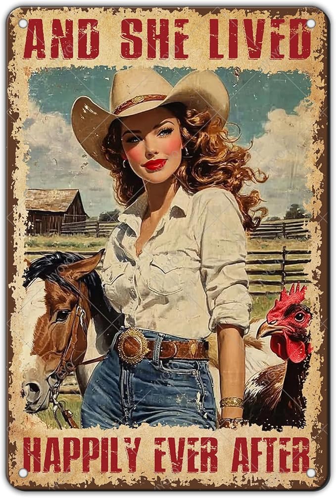 Cowgirl Vintage Tin Sign And She Lived Happily Ever After Funny Horse and Chicken Iron Painting Poster Wall Decor for Home Bar Club Coffee Shop 12x8 Inch