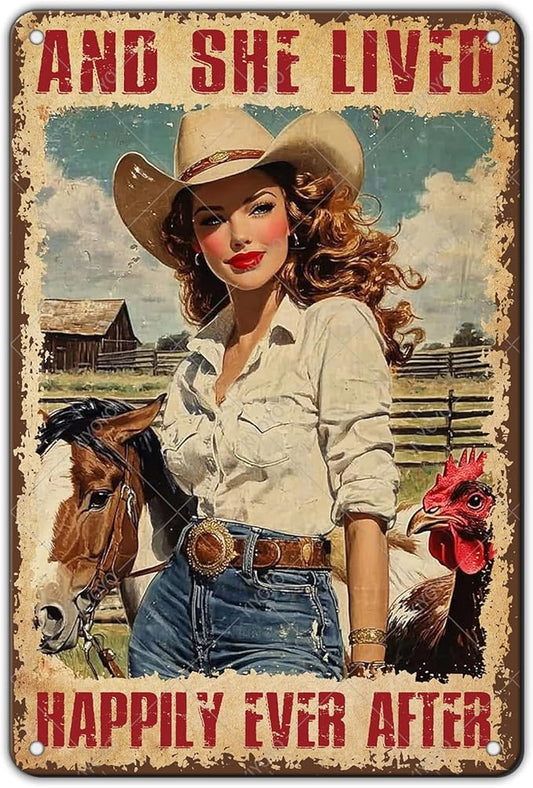 Cowgirl Vintage Tin Sign And She Lived Happily Ever After Funny Horse and Chicken Iron Painting Poster Wall Decor for Home Bar Club Coffee Shop 12x8 Inch