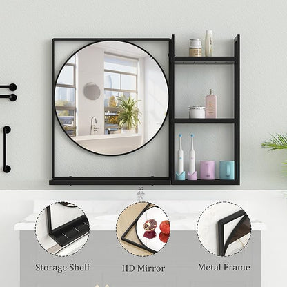 Black Metal Framed Bathroom Mirror with Shelf, 31" X 24.4" Rectangular Wall Mounted Bathroom Vanity Mirror, Modern Bathroom Mirror with Storage for Over Sink, Entryway
