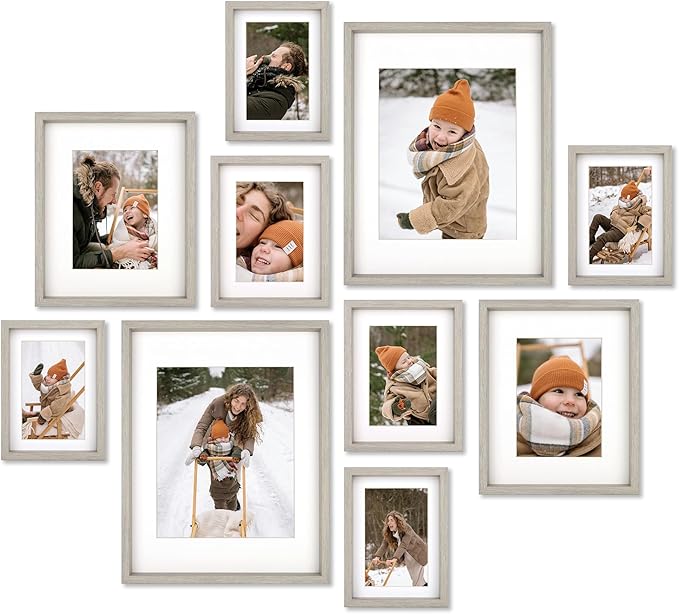 10 Piece Shadow Box Style Gallery Wall Frame Set – Deep Photo Frame Set with Mat for 8x10, 5x7 and 4x6 - Multiple Sizes Picture Frame Set for Wall Collage – Assorted Picture Frames for Wall (Gray)