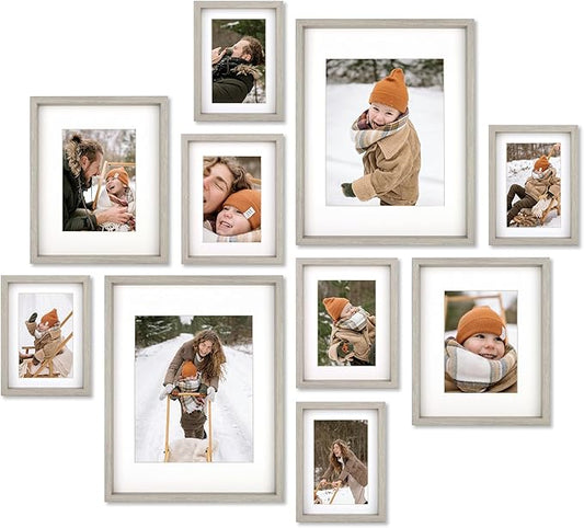 10 Piece Shadow Box Style Gallery Wall Frame Set – Deep Photo Frame Set with Mat for 8x10, 5x7 and 4x6 - Multiple Sizes Picture Frame Set for Wall Collage – Assorted Picture Frames for Wall (Gray)