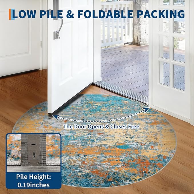 ROYHOME Modern Abstract 6x6 Round Area Rug Non Slip Non Shedding Rug Low Pile Stain Resistant for Bedroom Living Room Office Dining Room,Multi Color