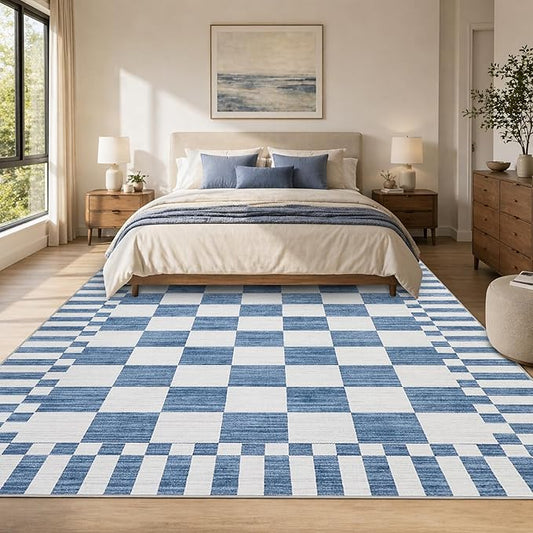 GarveeHome Dark Blue Checkered Rug 5×7 Area Rugs for Living Room，Non-Slip Washable Rug Soft Low-Pile, Neutral Modern Farmhouse Geometric Rugs for Bedroom Dining Room Office