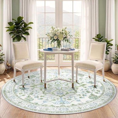 RELEANY Area Rugs Round 5ft Washable Non-Slip, Floral Vintage Distress Print Pattern Medallion Carpet for Living Room Bedroom Dining Room, Green White Blue