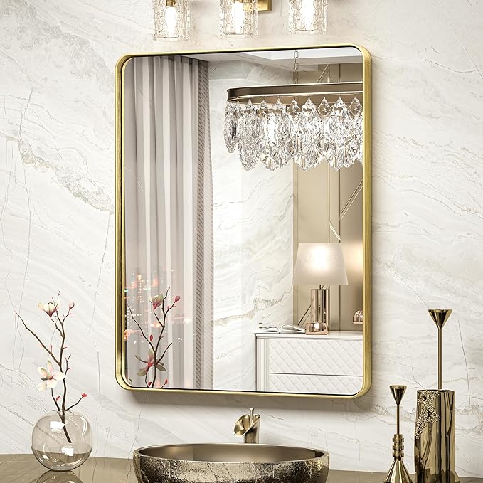 TokeShimi Bathroom Mirror for Wall 24 x 30 Inch Gold Brushed Brass Metal Rounded Corner Rectangle Mirror Wall Mirror in Metal Frame