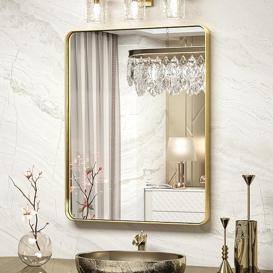 TokeShimi Bathroom Mirror for Wall 24 x 30 Inch Gold Brushed Brass Metal Rounded Corner Rectangle Mirror Wall Mirror in Metal Frame