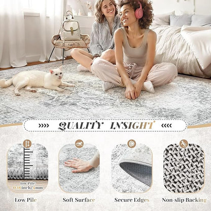 9x12 Area Rugs for Living Room, Washable Vintage Boho Medallion Rug Non Slip Low Pile Floor Carpet for Bedroom Dining Room Home Office (Grey, 9'x12')