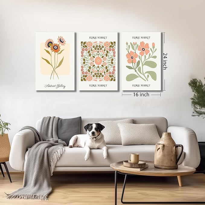 SKYRISE 3 PCS Boho Floral Canvas Wall Art, Rustic Botanical Canvas Paintings Prints ArtWork for Living Room, Vintage Flower Pictures for Farmhouse Dining Room Hallway Bedroom Wall Decor 16"x24"