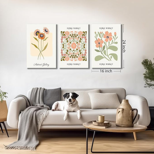SKYRISE 3 PCS Boho Floral Canvas Wall Art, Rustic Botanical Canvas Paintings Prints ArtWork for Living Room, Vintage Flower Pictures for Farmhouse Dining Room Hallway Bedroom Wall Decor 16"x24"