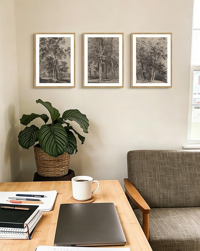 PHOPAGO Vintage Tree Framed Wall Art Retro Forest Wall Decor Nature Wilderness Sketch Paints Modern Bedroom Living Room Decor - 11x14in Natural Framed