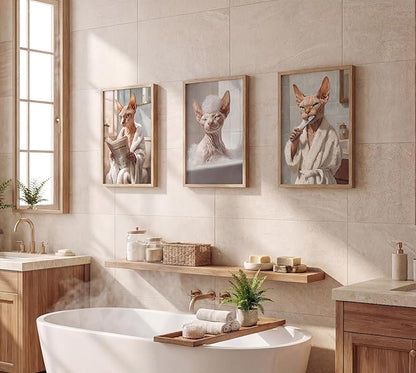 3pcs Funny Bathroom Cat Canvas Wall Art Sphynx Cat Posters Prints Paintings Eclectic Animal Bathroom Wall Decor Pictures for Restroom Toilet Home Decoration Unframed