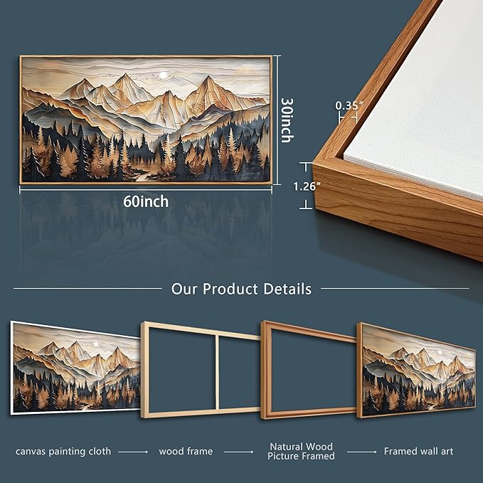 Wood Farmed Canvas Wall Art For Living Room Large Wall Decor For Office Bedroom Decorations Mountain Landscape Pictures Abstract Painting Artwork Room Wall Mural Aesthetic Home Decor 30x60 In