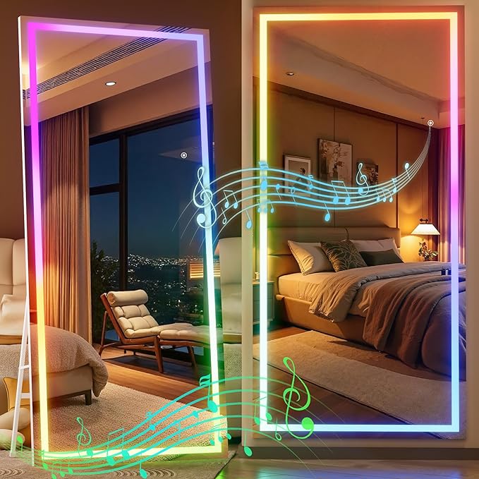 Hasipu 81"x33" LED RGB Bluetooth Home Gym Mirror Full Length with Lights, Wall Mount & Free Standing Full Body Mirror for Bedroom Workout Yoga, Detachable Stand, 7 Color & Brightness Adjustable
