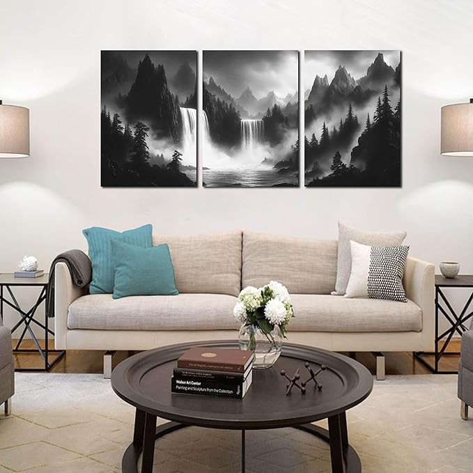 CIRABKY Waterfall Canvas Wall Art for Living Room - Mountains Pictures Wall Art for Office - Modern 3 Piece Large Wall Art for Bedroom Size 24" x 36"