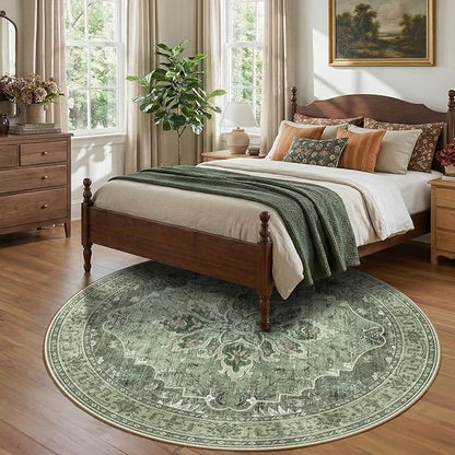 RELEANY Area Rugs Round 8ft Washable Non-Slip, Floral Vintage Distress Print Pattern Medallion Carpet for Living Room Bedroom Dining Room, Dark Green Gray