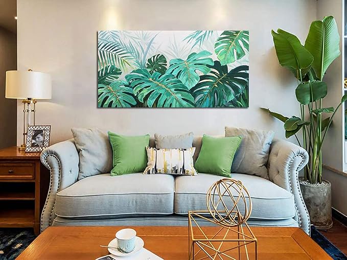 Enartly Palm Green Leaf Canvas Wall Art for Living Room, Monstera Tropical Leaf Painting Jungle Plant Picture Nature Artwork Print Framed Bedroom Hallway Office Home Decor, Large 58"x29"