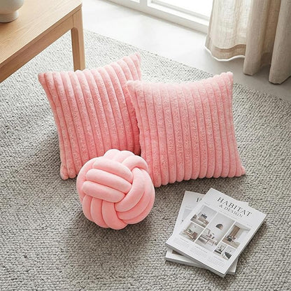 Tegeme Set of 3 Knot Pillow Ball and 18" Throw Pillowcases Fuzzy Striped, Soft Knotted Home Decor Pillow, 2 Faux Fur Cushion Covers Aesthetic Cushion and Cases for Sofa Bed Bedroom Living Room (Pink)