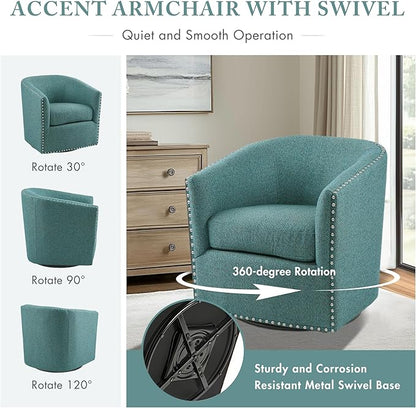 Madison Park Swivel Barrel Accent Chair, Upholstered Curved Back with 7-Inch Thick Woven Cushion, 360° Swivel, Nailhead Trim, Comfy Chair for Living Room, Bedroom, Office, 28" Wide, Teal, Tyler
