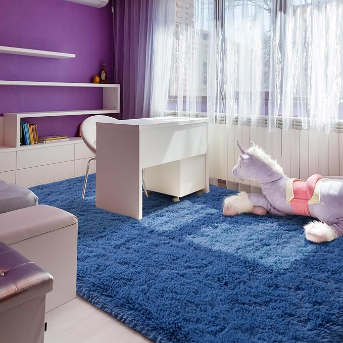 Andecor Soft Fluffy Bedroom Rugs, 6 x 9 Feet Indoor Shaggy Plush Area Rug for Boys Girls Kids Baby College Dorm Living Room Home Decor Floor Carpet, Light Navy