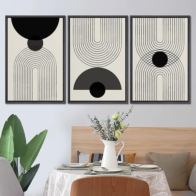 SIGNLEADER Framed Canvas Print Wall Art Black Semi-Circle an Line Parabola Abstract Shapes Illustrations Modern Art Minimalist Edgy Black and White for Living Room, Bedroom, Office - 16"x24"x3 BLACK