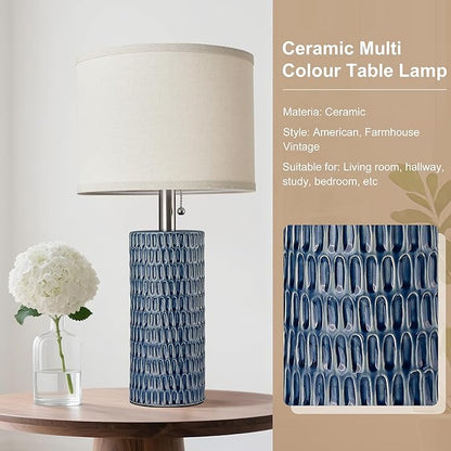 Reaketon 20.5" Modern Ceramic Table Lamps for Bedroom Set of 2, Bedside Lamps for Night Stands with Beige Lampshade, Farmhouse Table Lamp for Living Room Office Dorm, Blue
