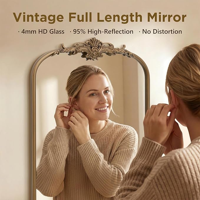Besdomus Vintage Mirror Full Length: 21x56 French Gold Arched Full Body Mirror - Floor Antique Baroque Traditional Ornate for Entryway/Cloakroom/Bedroom/Living Room - Home Decor for Fashion-Conscious