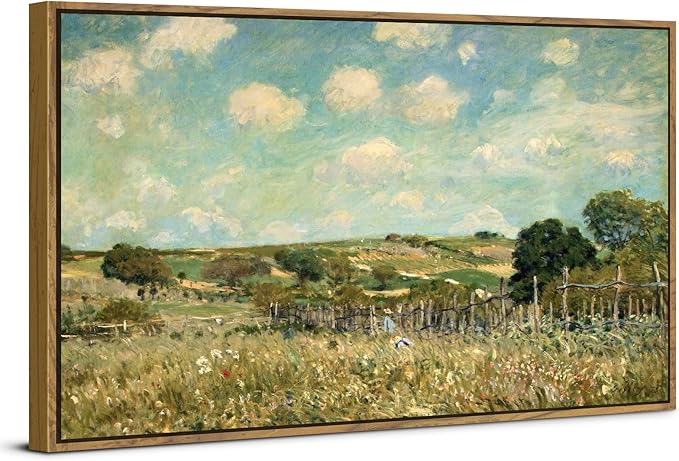 Rustic Grassland Wall Art Canvas Wooden Framed Vintage Green Forest Pictures Wall Decor Countryside Wildflower Landscape Painting Prints Abstract Artwork for Living Room Bedroom Home Decoration 24x48