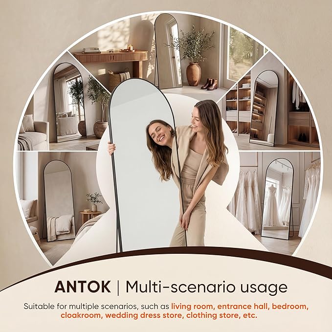 Antok 71" x32” Arched Full Length Floor Mirror, Black Aluminum Frame, Free Standing/Wall Mount/Leaning for Bedroom, Living Room, Dressing Room