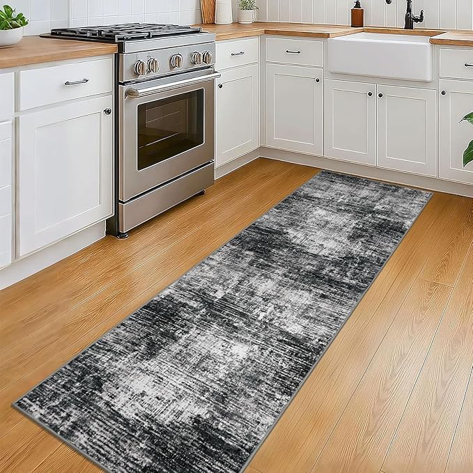 KILOCOCO Modern Abstract Runner Rug 2x6 ft Washable Hallway Runner Rug Non Slip Soft Pinted Kitchen Runners for Hallways Entryway Bedside Laundry Room Floor Runners, Black/Grey