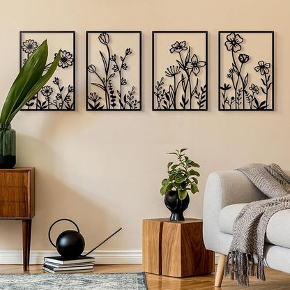 Sokurdeg Black Metal Flower Wall Decor, Minimalist Floral Botanical Wall Art, Abstract Line Boho Farmhouse Decor for Living Room, Bathroom, Bathroom, Office, Meaningful Gift (4 Pcs, 12x17 in)
