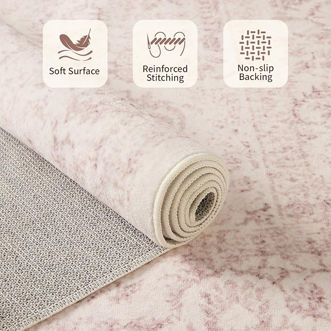 Rugxara 2x10 Washable Runner Rug, Non Slip Boho Runner Rugs for Hallway, Kitchen, Entrance, Bathroom, Laundry Room, Soft Ultra-Thin Entryway Carpet, Throw Low Pile Retro Imitation Carpet, Pink