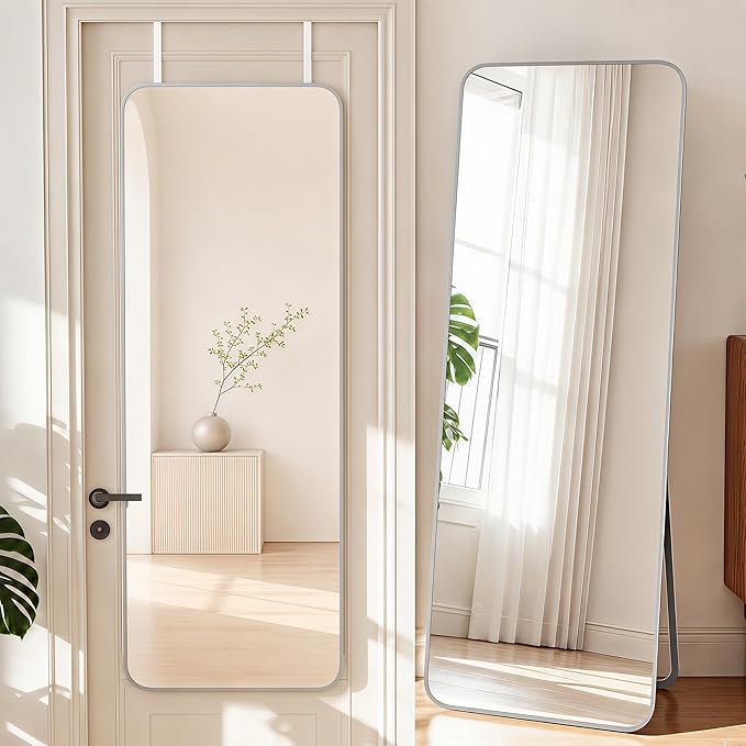 NARCISSUS 57x20 Mirror Door Hanging Full Length Body with Floor Stand or Wall Mounted Metal Aluminum Frame Tempered Glass Rectangle Mirrors for Bedroom Dressing Living Room Bathroom 57 inch Silver