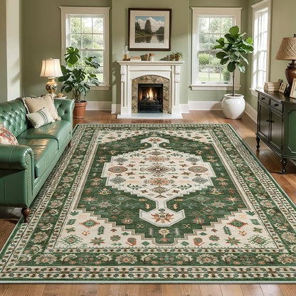 Tangsoo Washable 5x7 Area Rug for Living Room,Vintage Non Slip Large Rugs Green Beige Non-Slip Floral Carpet,Boho Oriental Low Pile Foldable Floor Rug for Bedroom Dining Room Home Office