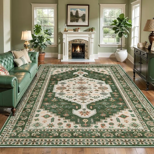 Tangsoo Washable 5x7 Area Rug for Living Room,Vintage Non Slip Large Rugs Green Beige Non-Slip Floral Carpet,Boho Oriental Low Pile Foldable Floor Rug for Bedroom Dining Room Home Office