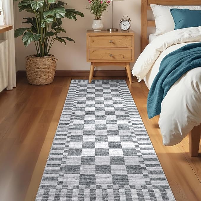 GarveeHome 2×8 Kitchen Runner Rug Non Slip,Grey Checkered Rug,Washable Runner Rug for Hallway Soft Low-Pile Geometric Checkerboard Rugs for Entryway Kitchen Dining Room