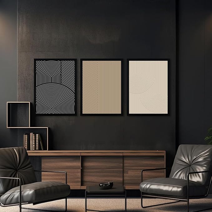 FWAHREN Framed Modern Abstract Minimalist Neutral Canvas Wall Art, Geometric Textured Line Mid Century Prints Artwork, Contemporary Japandi Wall Decor, Living Room Bedroom Office, Set of 3, 12x16in