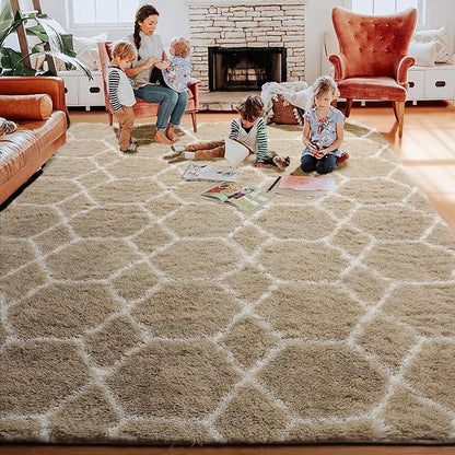 ONASAR 8x10 Area Rugs for Living Room, Fluffy Beige and White Bedroom Rug, Geometric Boho Large Soft Plush Shaggy Fuzzy Floor Carpet for Nursery Kids Classroom Playroom Dorm Home Decor