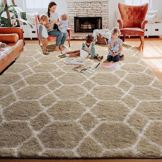 ONASAR Rugs for Living Room Bedroom, 5x8 Fluffy Beige and White Area Rug, Geometric Boho Soft Plush Shaggy Fuzzy Floor Carpet for Nursery Kids Girls Boys Teen Dorm Home Decor Aesthetic