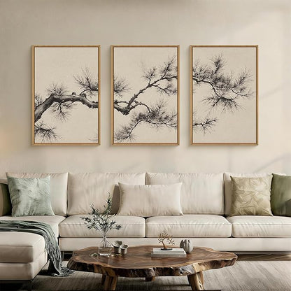 HPNIUB Vintage Sketch Pine Tree Framed Canvas Wall Art Set, Brown Antique Tree Branch Wall Decor, Nature Botanical Art Print, Modern Landscape Pictures for Living Room, Bedroom, Office-24''x36''x3