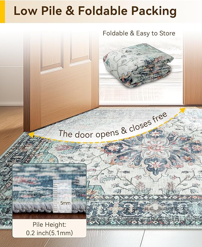 RELEANY Area Rugs 2'x8' Runner Rug Non Slip Washable for Kitchen Hallway Bedroom Beside Laundry Room Bathroom Rug, Floor Carpet, Green Navy Blue White Red Teal Colorful