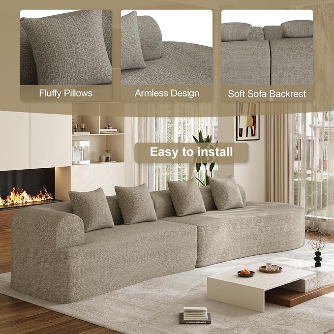147" Oversized Sectional Sofa for Living Room, Modern Luxury Plush Chenille 4-Seater Extra Deep & Wide Seat Curved Cloud Couch with 4 Throw Pillows, No Assembly Needed, Light Brown
