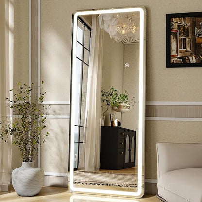 Led Mirror Full Length 26 x 65 Inch Tempered Glass Full Body Mirrors with Dimming & 3 Color Lighting Standing Leaning or Hanging Full Length Mirrors Lights for Bedroom Dressing Room Rect